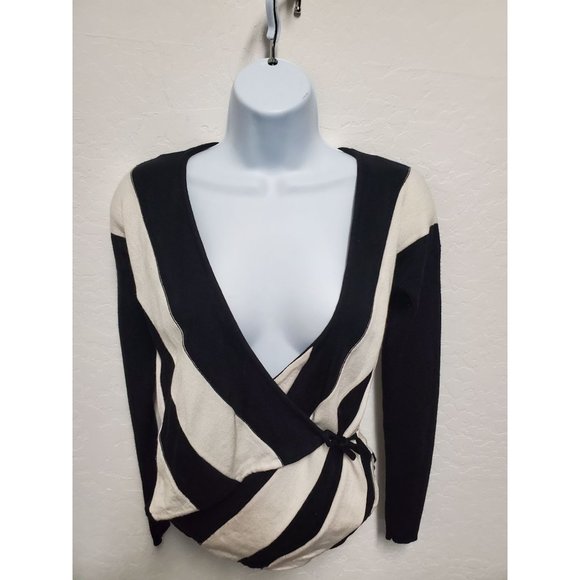 Kenneth Cole New York Side Partial Wrap Black/White Striped Top Sweater XS - Picture 2 of 7